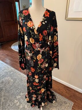 Farm Rio Floral Wrap Maxi Dress in Black with Orange & Cream Blooms. Like New!